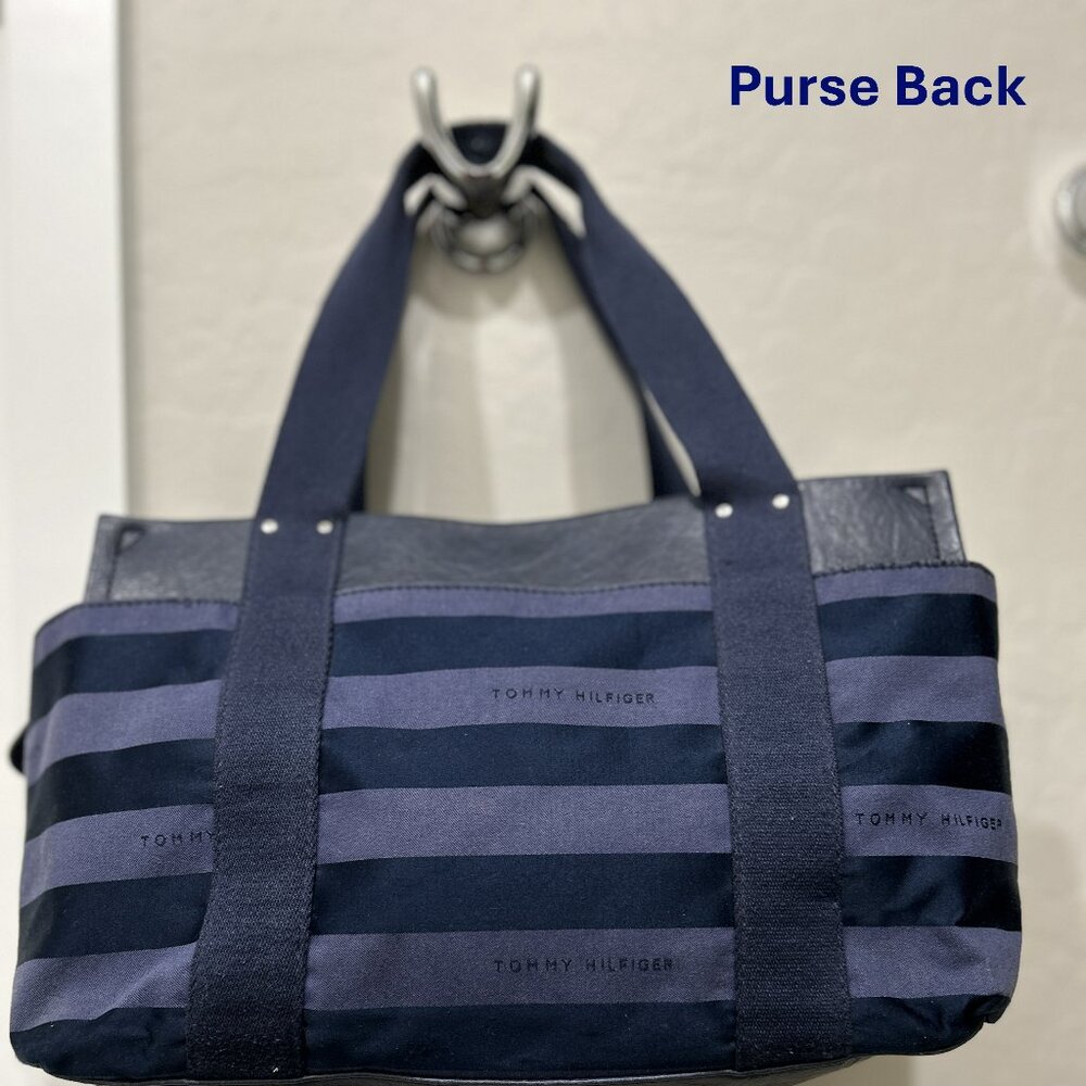 Tommy Hilfiger Blue Striped Tote Hand Bag - Leather Top and Bottom
